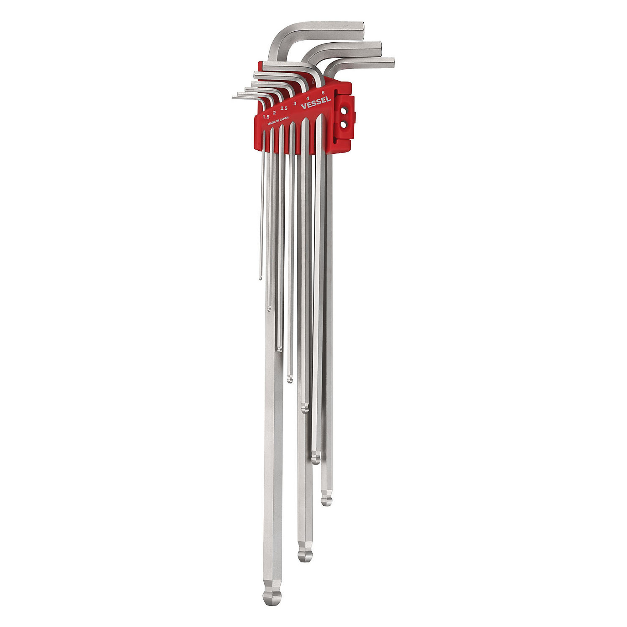 Vessel Ball Point Hex L-Key Wrench Set - Extra Long, Magnetized Tip, 9 Pcs, Model# 8309BPXLU